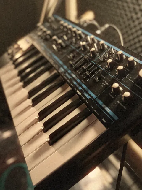 Close-up of a compact synthesizer keyboard